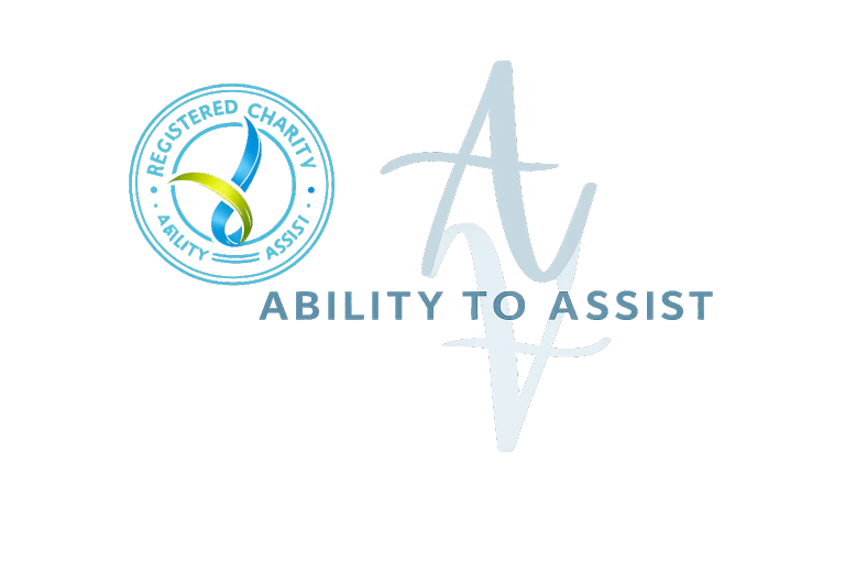 Logo of Ability to Assist charity featuring a registered charity emblem and stylized text, emphasizing community support and health services.