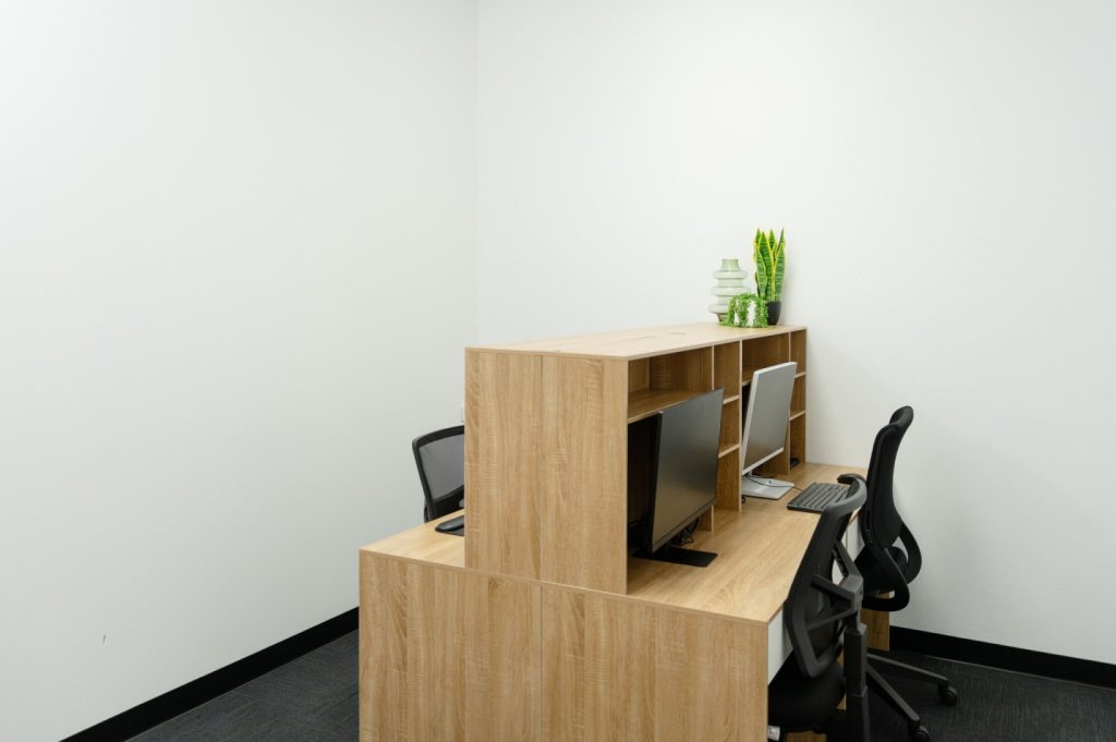 Hot desk workspace featuring wooden desk with computers, ergonomic chairs, and decorative plants, ideal for allied health professionals and flexible work arrangements.