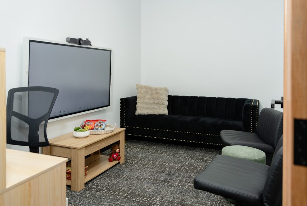 Private therapy room featuring soundproofing, comfortable seating, large screen for presentations, and amenities like snacks, ideal for health professionals.